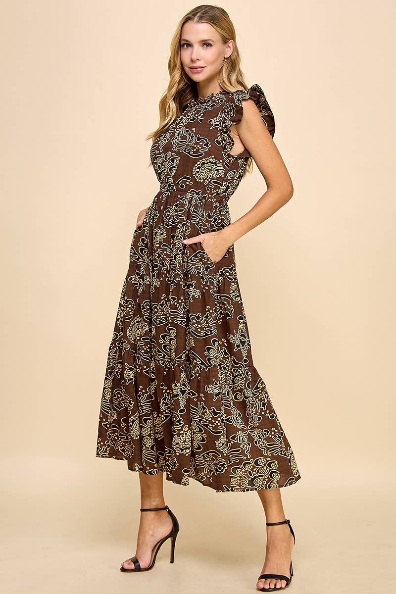 Print Ruffle Sleeve Back Keyhole Dress