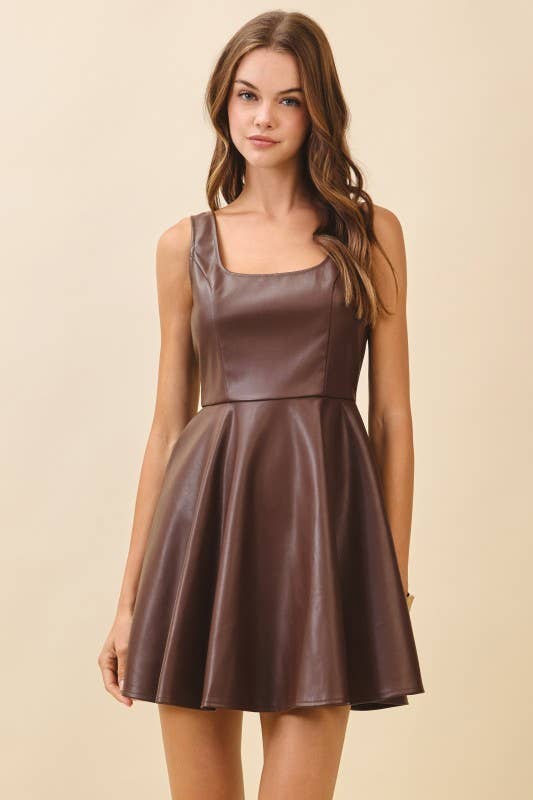 Faux Leather Scoop Back Fitted Bodice Mini Dress