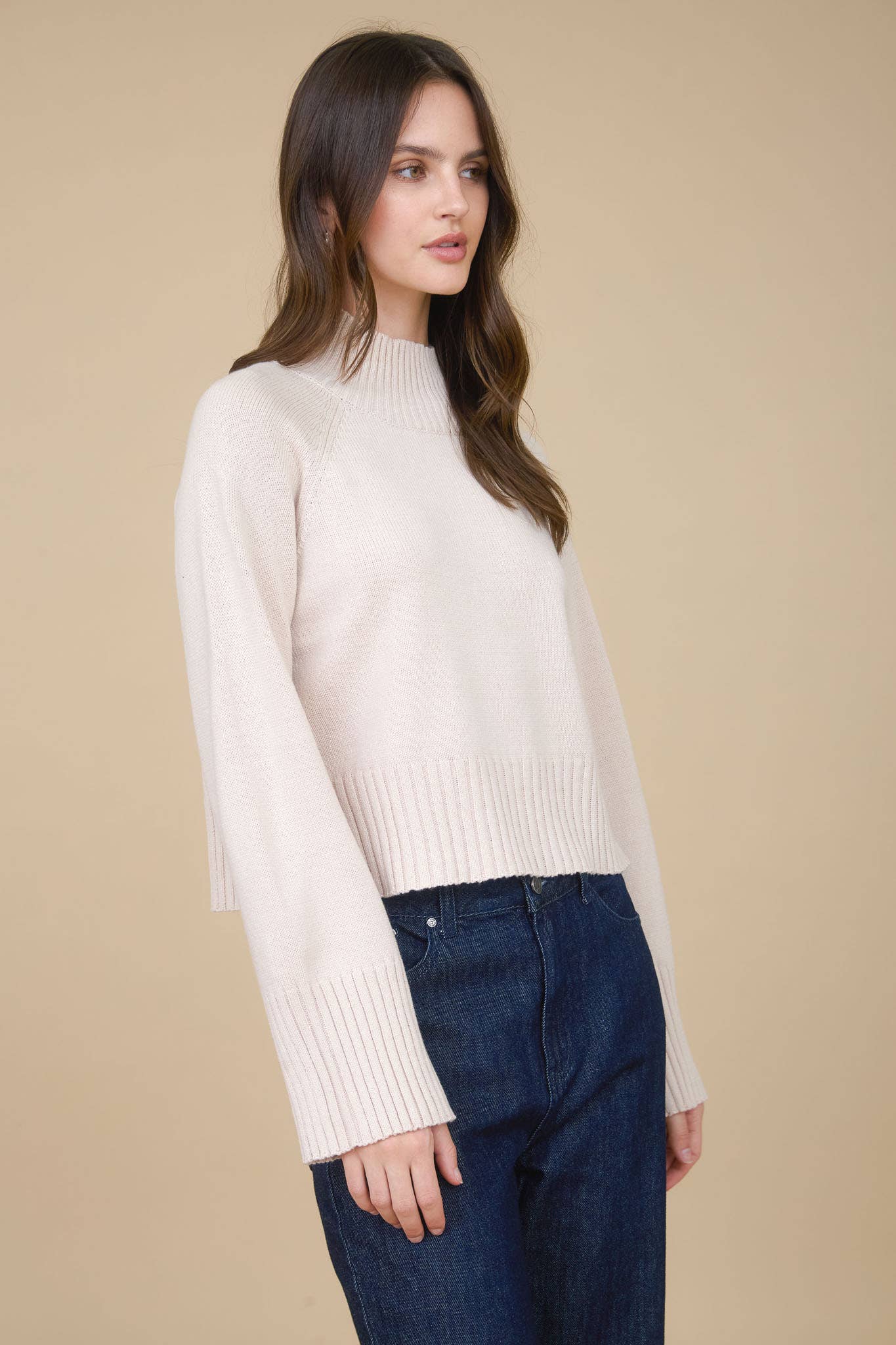 MOCK NECK LONG SLEEVE KNIT CROPPED PULLOVER