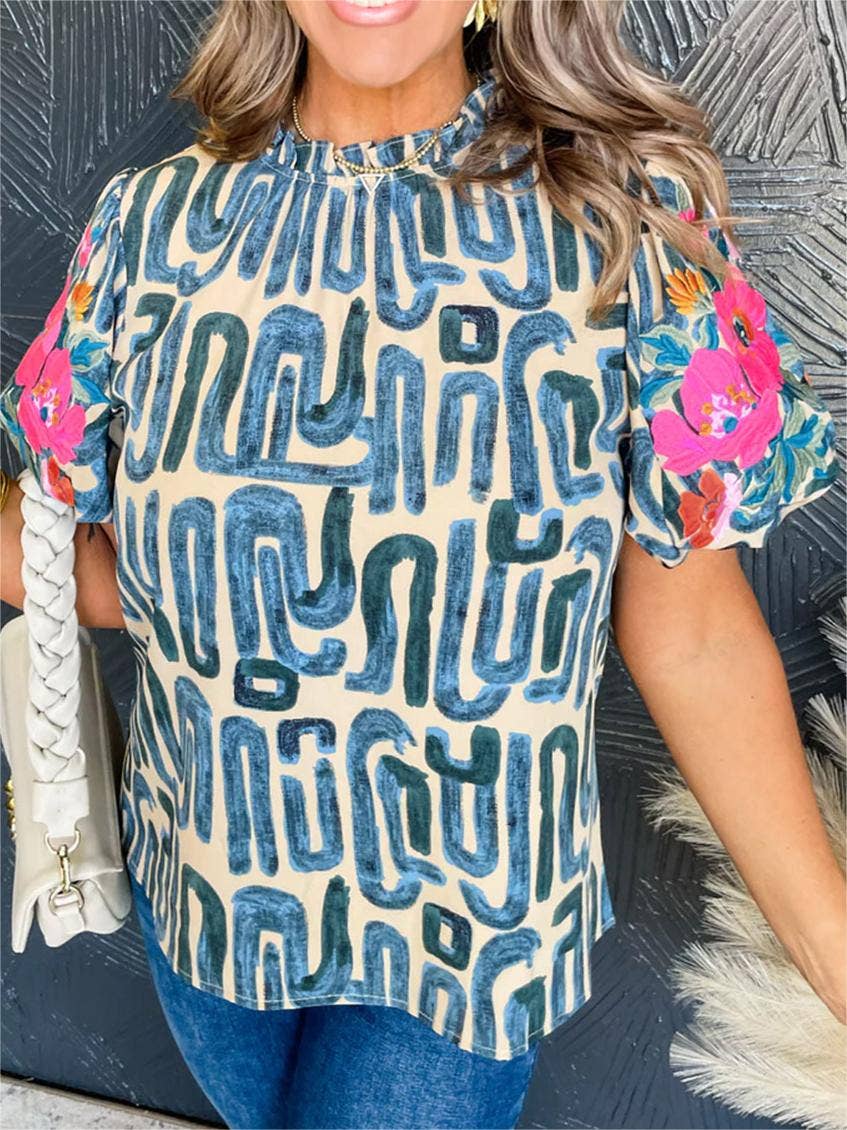 Embroidered Puff Sleeve Frilled Neck Printed Top