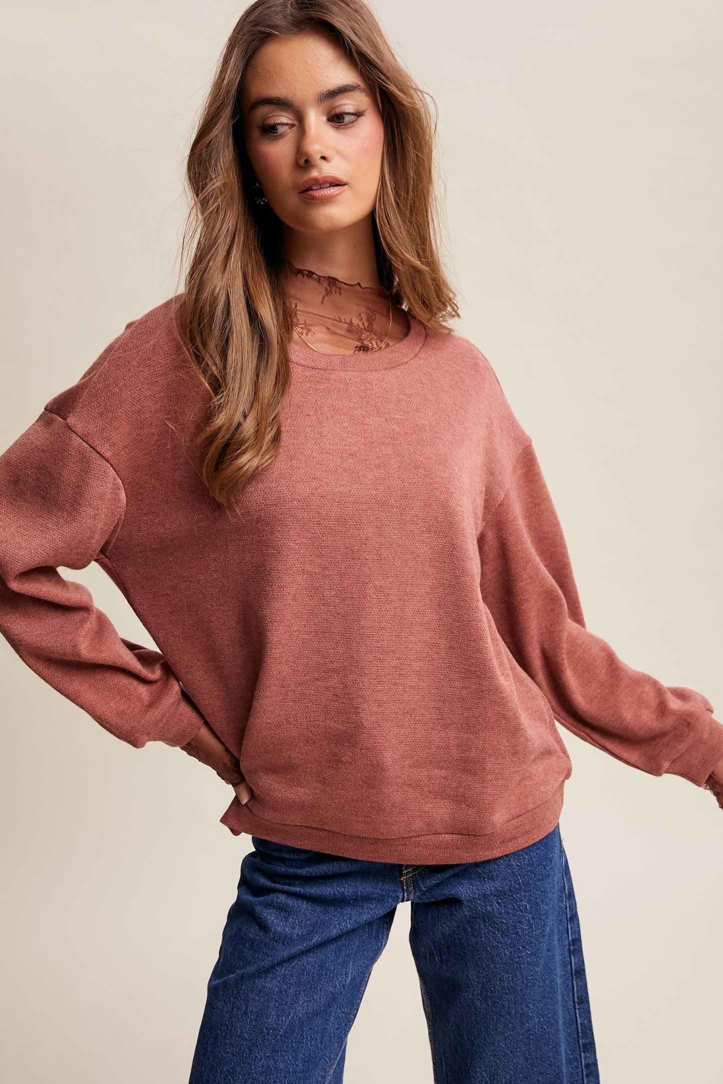 Brushed Knit Pullover Top Mauve