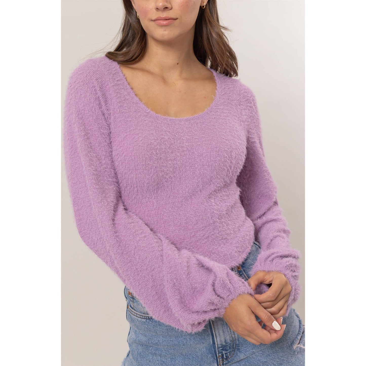 Scoop Neck Fuzzy Knit Top Purple