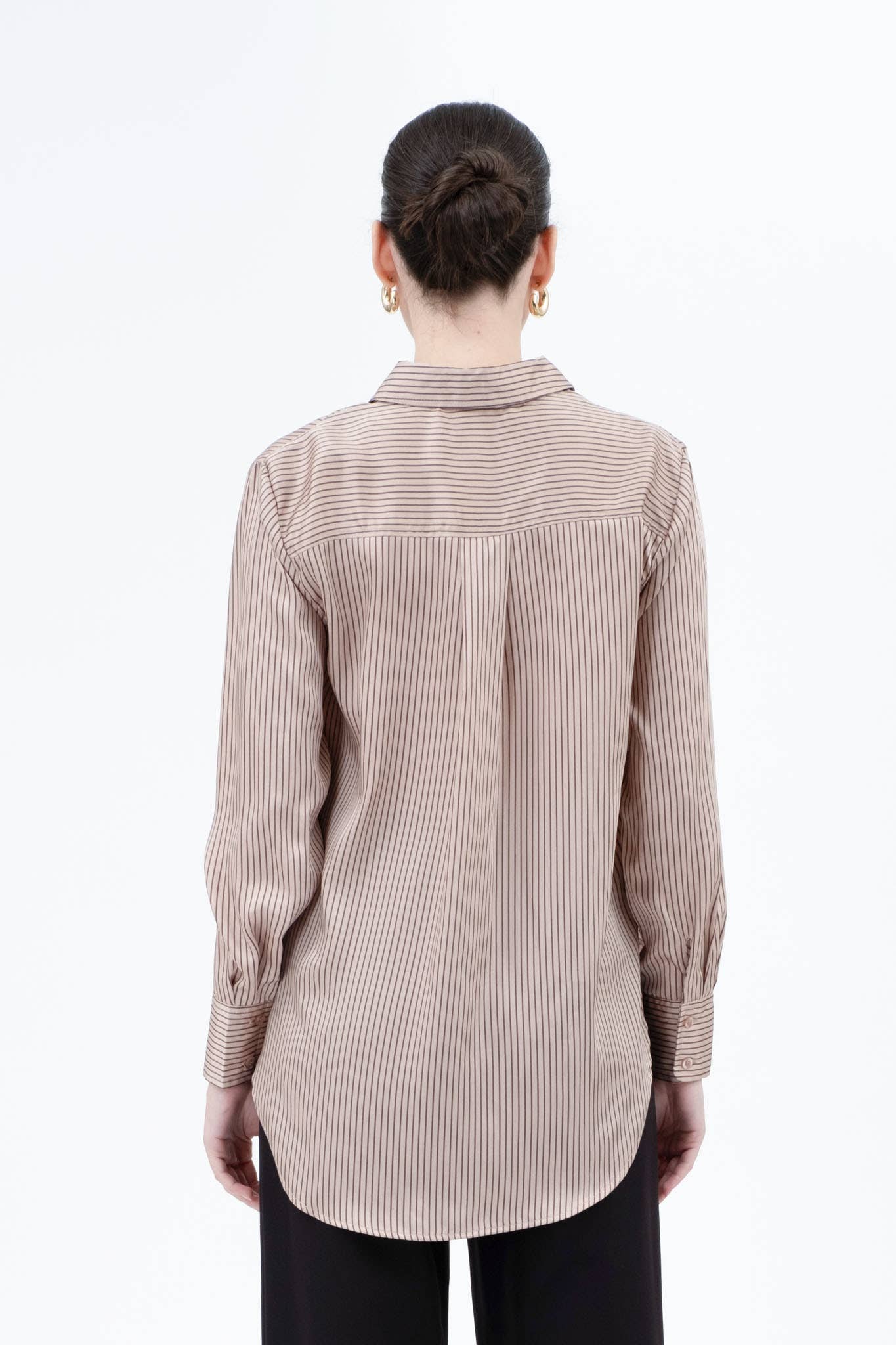 PINSTRIPE BUTTON DOWN LONG SLEEVE SATIN BLOUSE