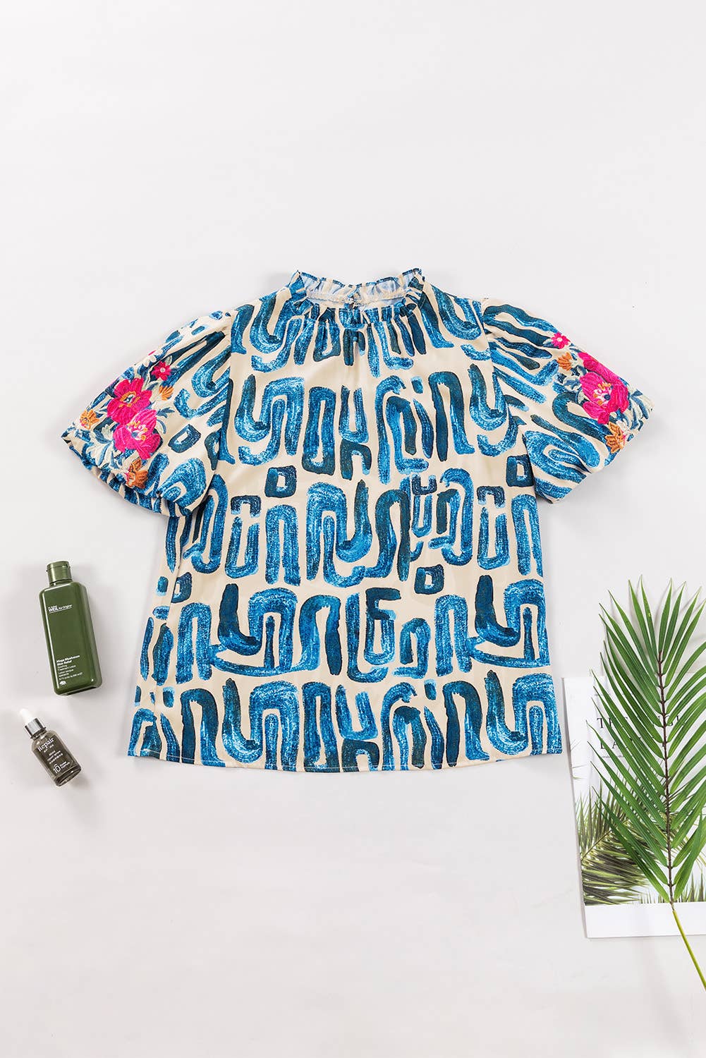 Embroidered Puff Sleeve Frilled Neck Printed Top