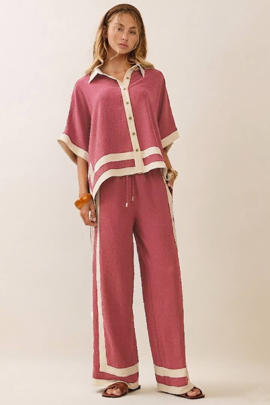 Contrast Trim Shirt With Matching Pants Set