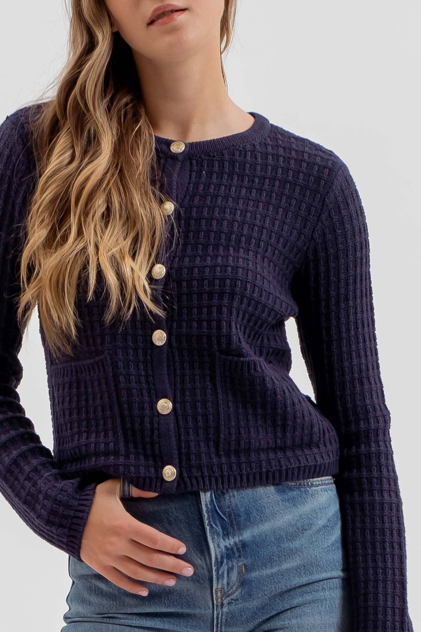 BUTTON DOWN TEXTURED KNIT CARDIGAN Navy