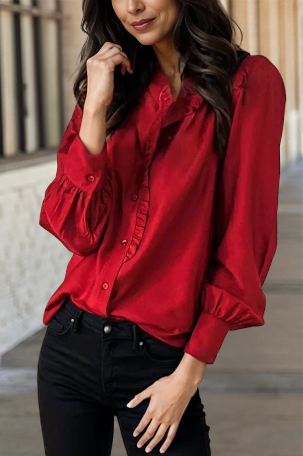 Red Sassy Frilled Trim Long Sleeve Shirt | S-XL