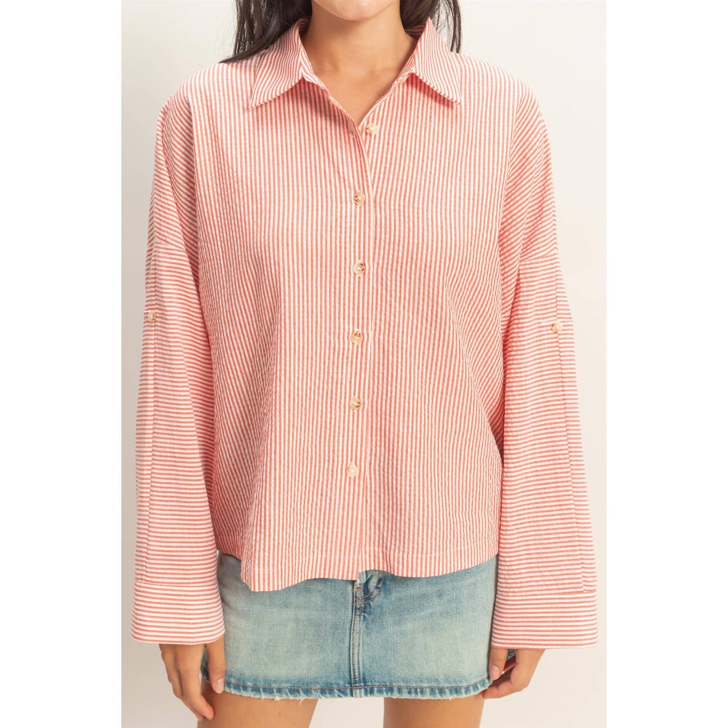 Fine Striped Button-Up Shirt Red