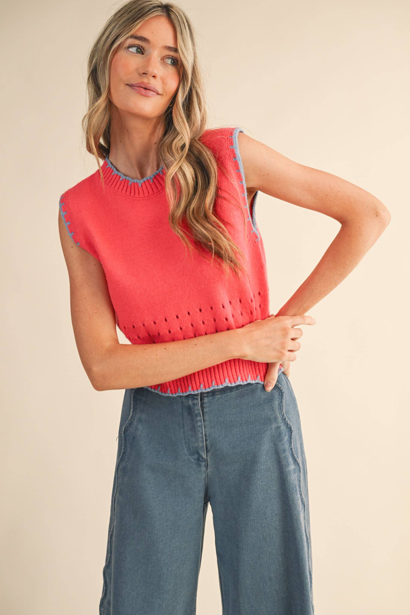 BLANKET STITCH POINTELLE SWEATER VEST