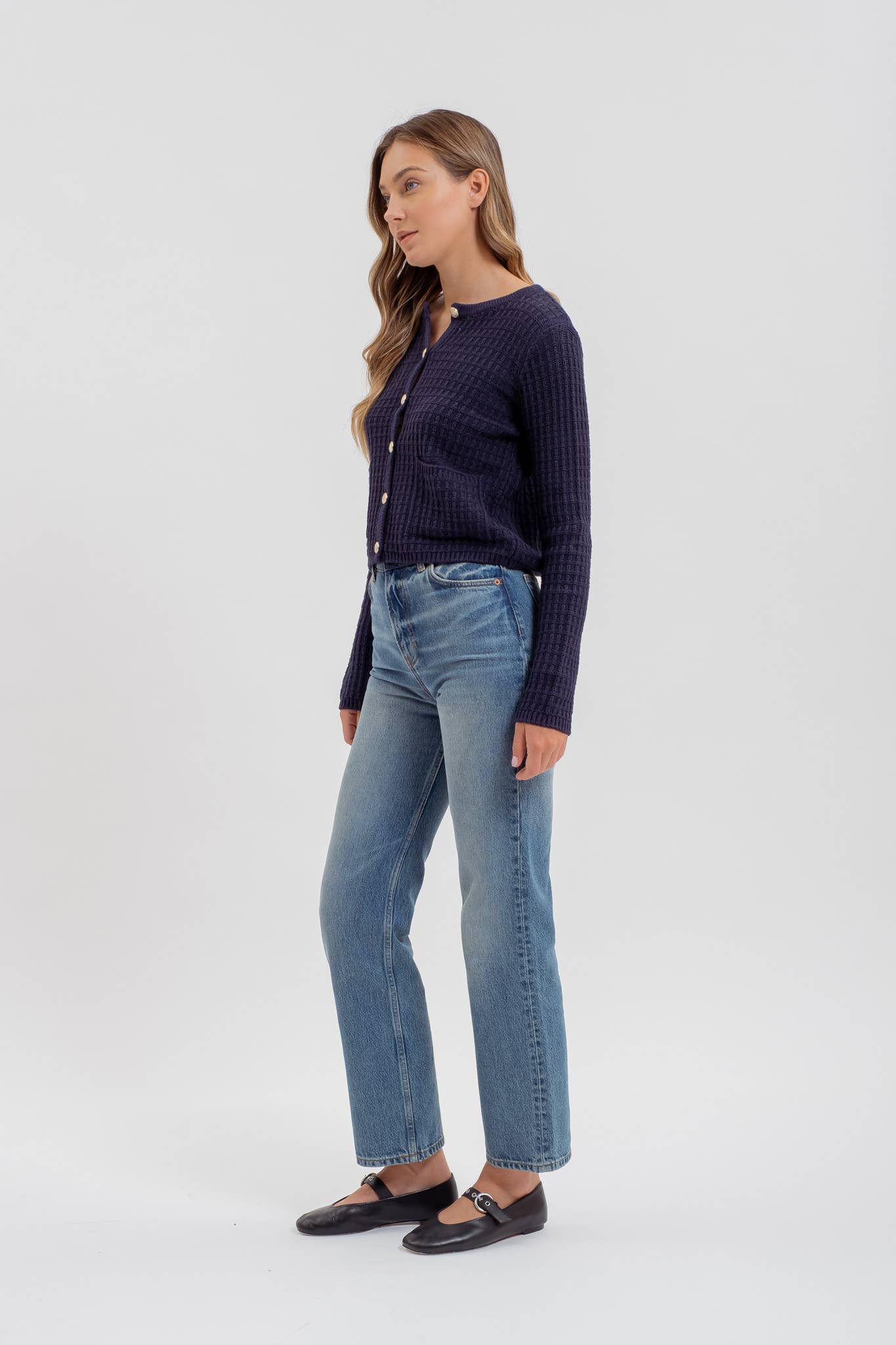 BUTTON DOWN TEXTURED KNIT CARDIGAN Navy