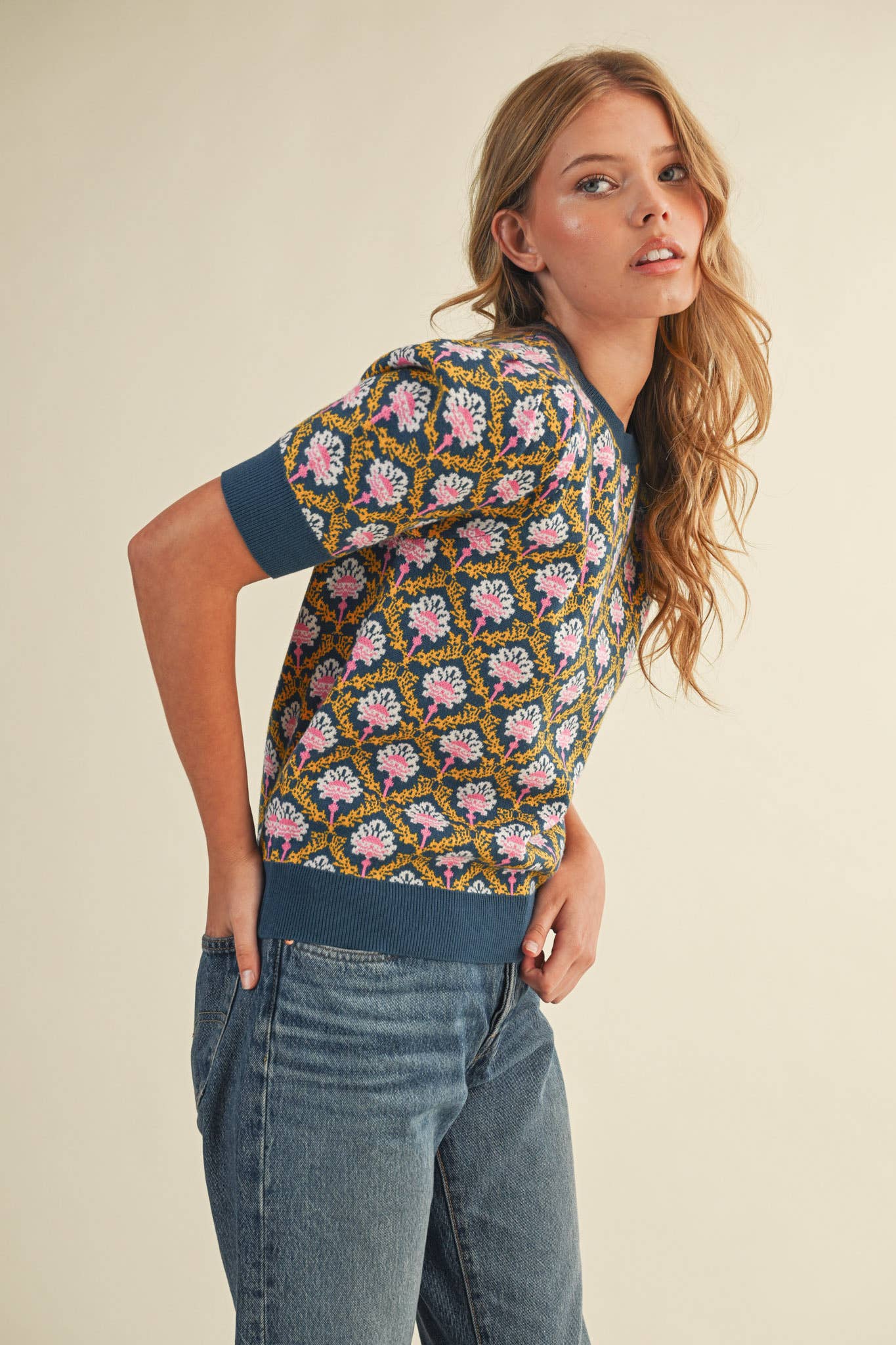 FLORAL PATTERN SHORT SLEEVE SWEATER NAVY