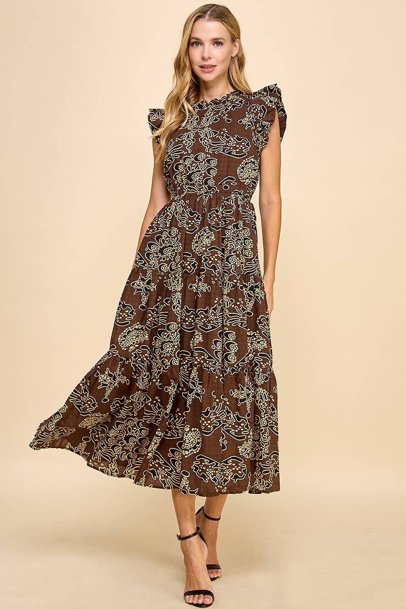 Print Ruffle Sleeve Back Keyhole Dress