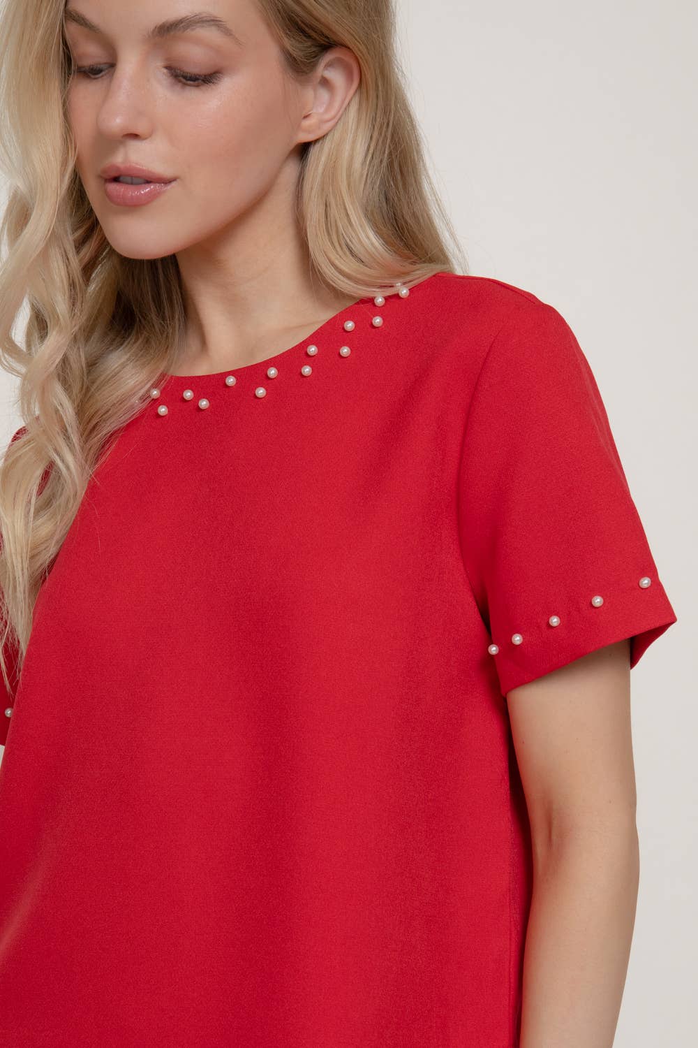 Short Sleeve Round Neck Pearl Trim Woven Top