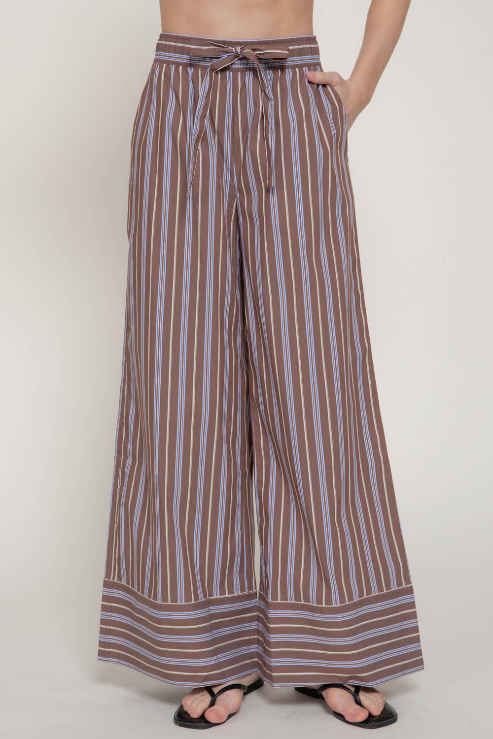Elastic Waist Multi Stripe Poplin Straight Long Pants