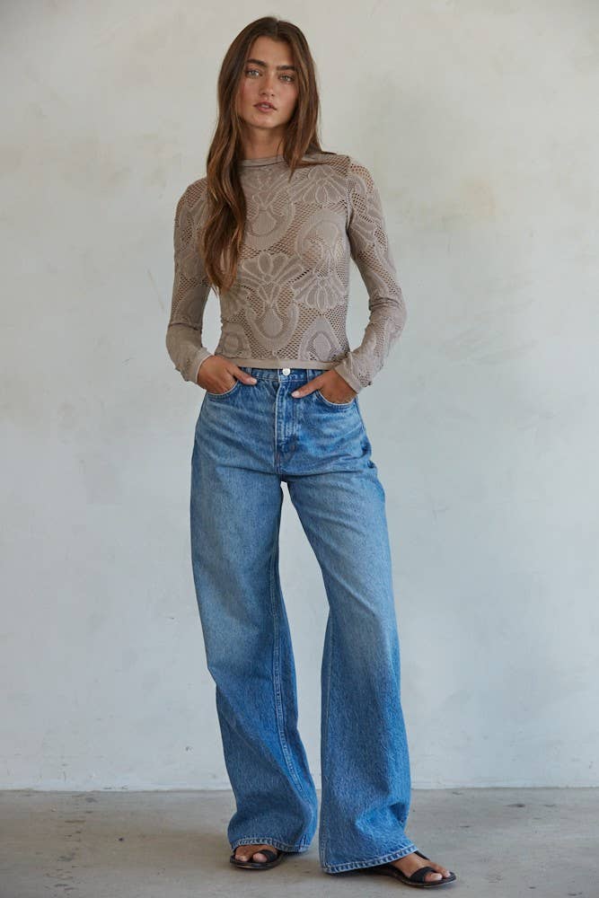 Knit Seamless Jacquard Mock Neck Long Sleeve Top