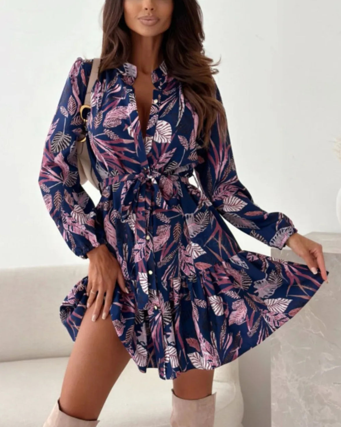 Ruffle Hem Long Sleeve Floral Dress