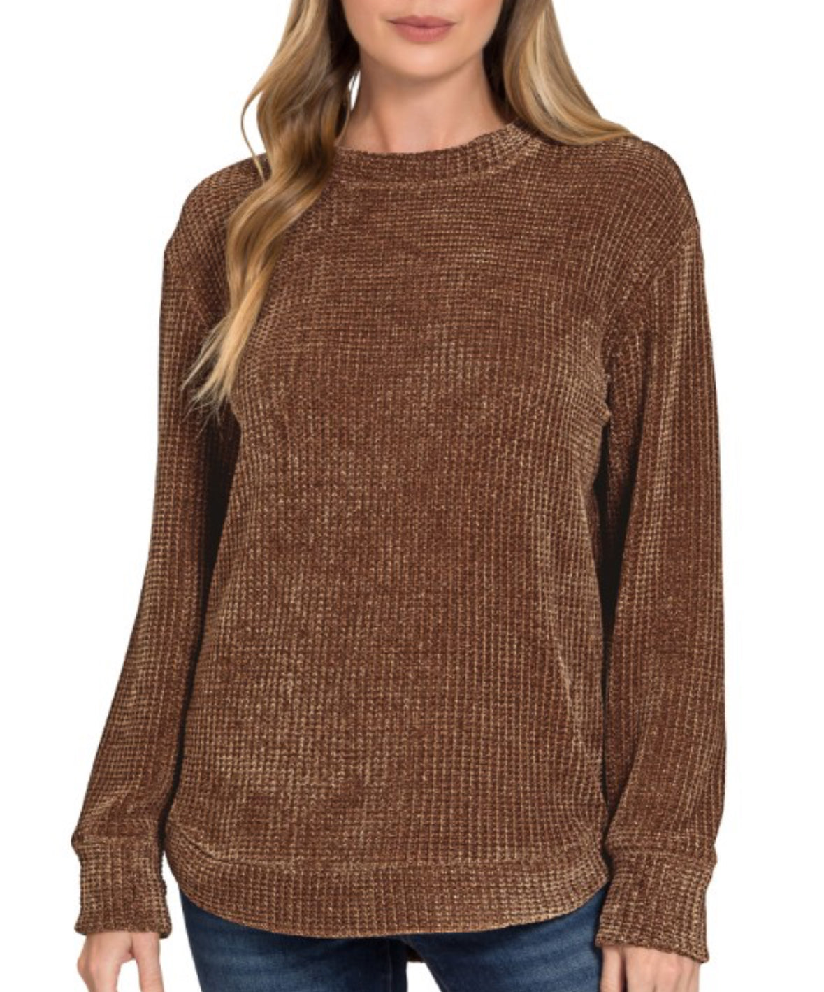 Chenille Waffle Sweater-Brown