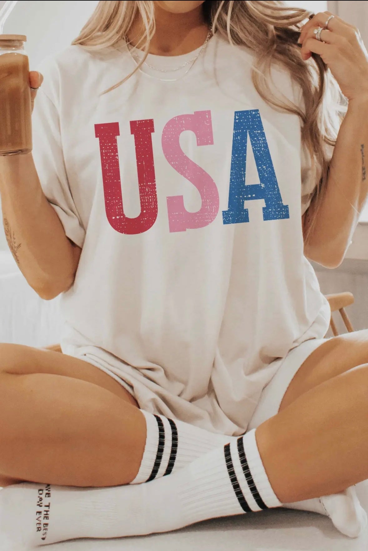 USA Red/Pink/Blue Oversized T-shirt Ivory