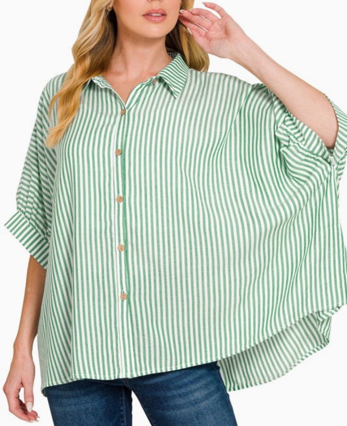 Striped Oversize Button up Green