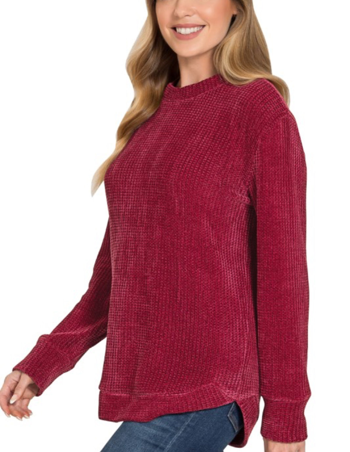 Chenille Waffle Sweater-Burgundy
