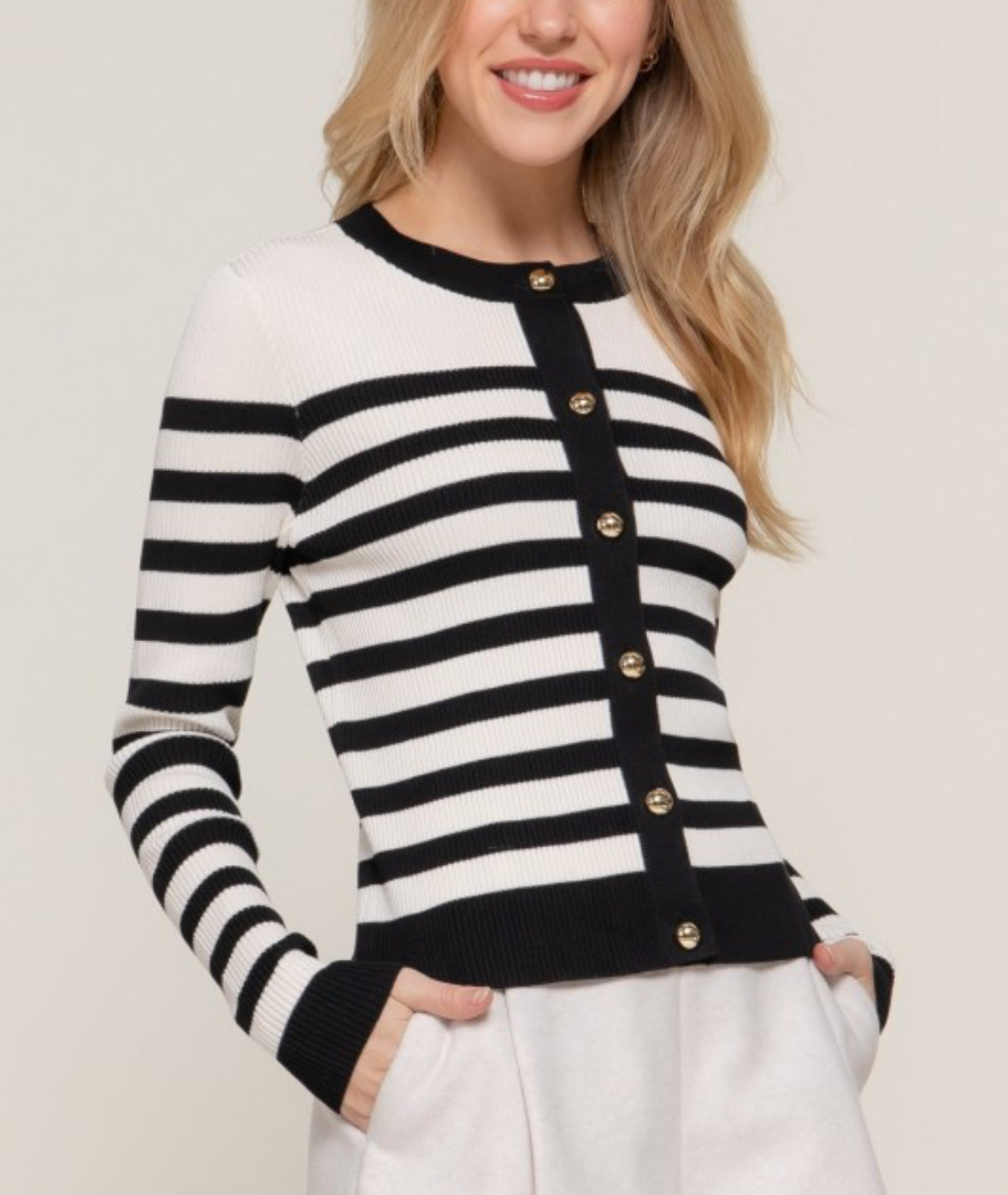 Stripe Sweater W/Gold Button Black