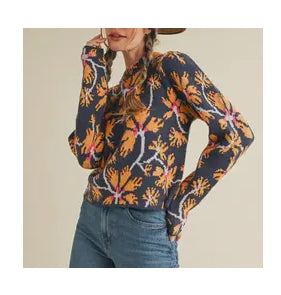 Navy Floral Mock Neck Sweater