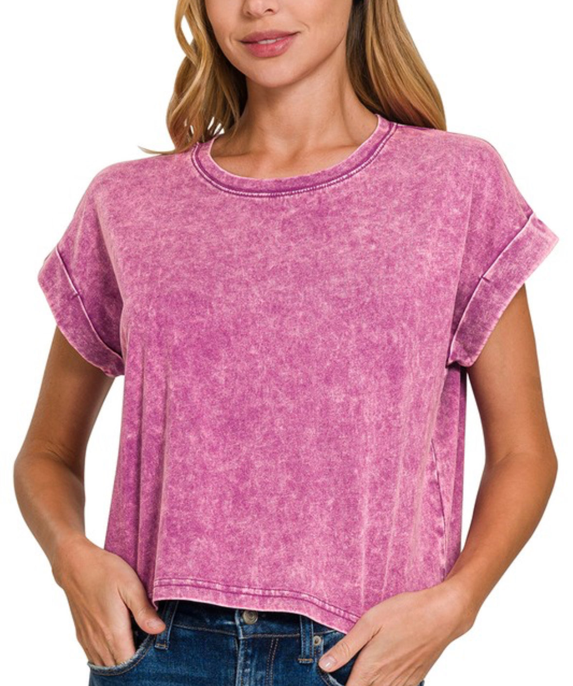 Mineral Wash Folded Sleeve Tee-Lt Plum