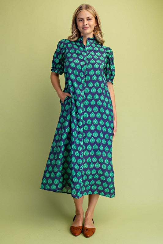 Navy Printed Button Down MIDI Dress