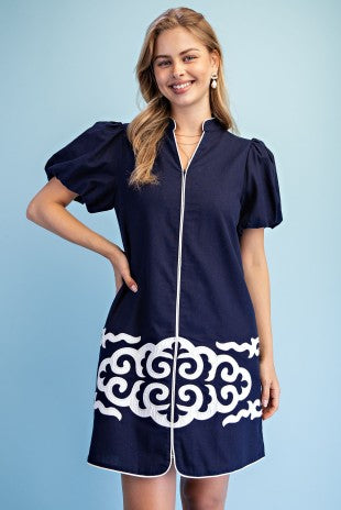 Navy Puff Sleeve Zip Front Dress