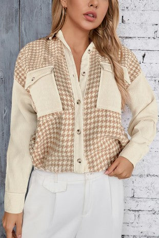 Corduroy Cream Houndstooth flap pocket shacket