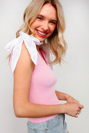 Bow Shoulder Ribbed Tank Pink
