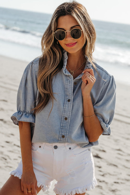 Denim Ruffle Button Down Top