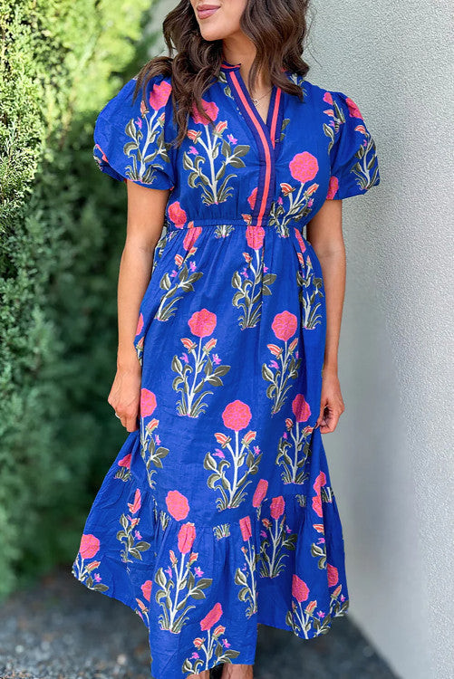 Blue Floral Print Maxi Dress
