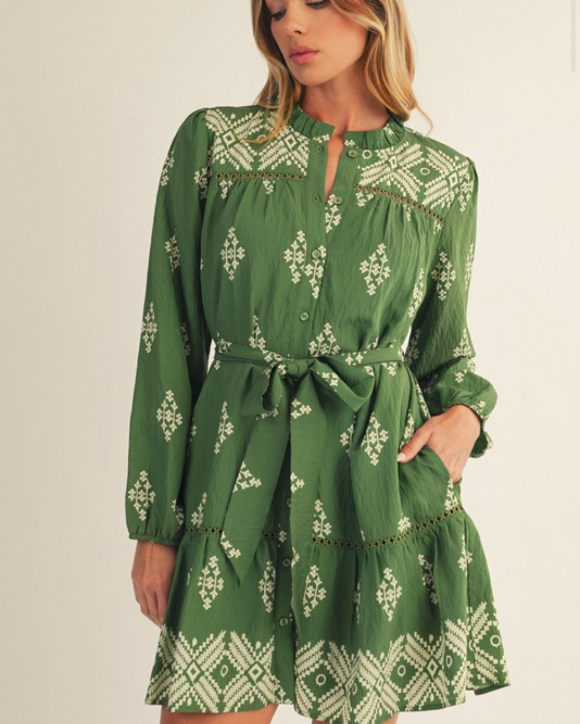Front Button Tribal Dress Olive