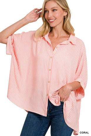Striped Oversize Button up Coral