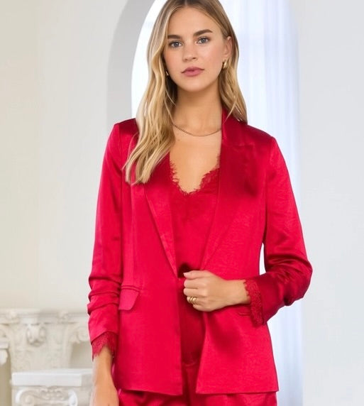 Three-Quarter Sleeve Satin Blazer with Lace Detail