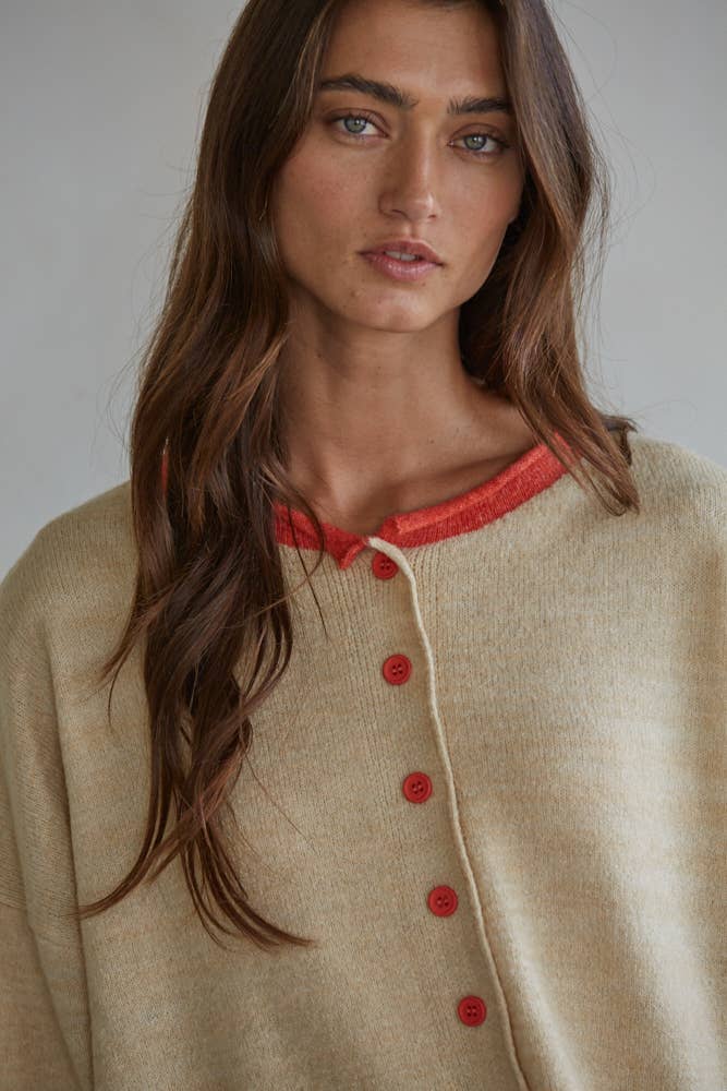 Knit Sweater Crew Neck Cardigan Beige