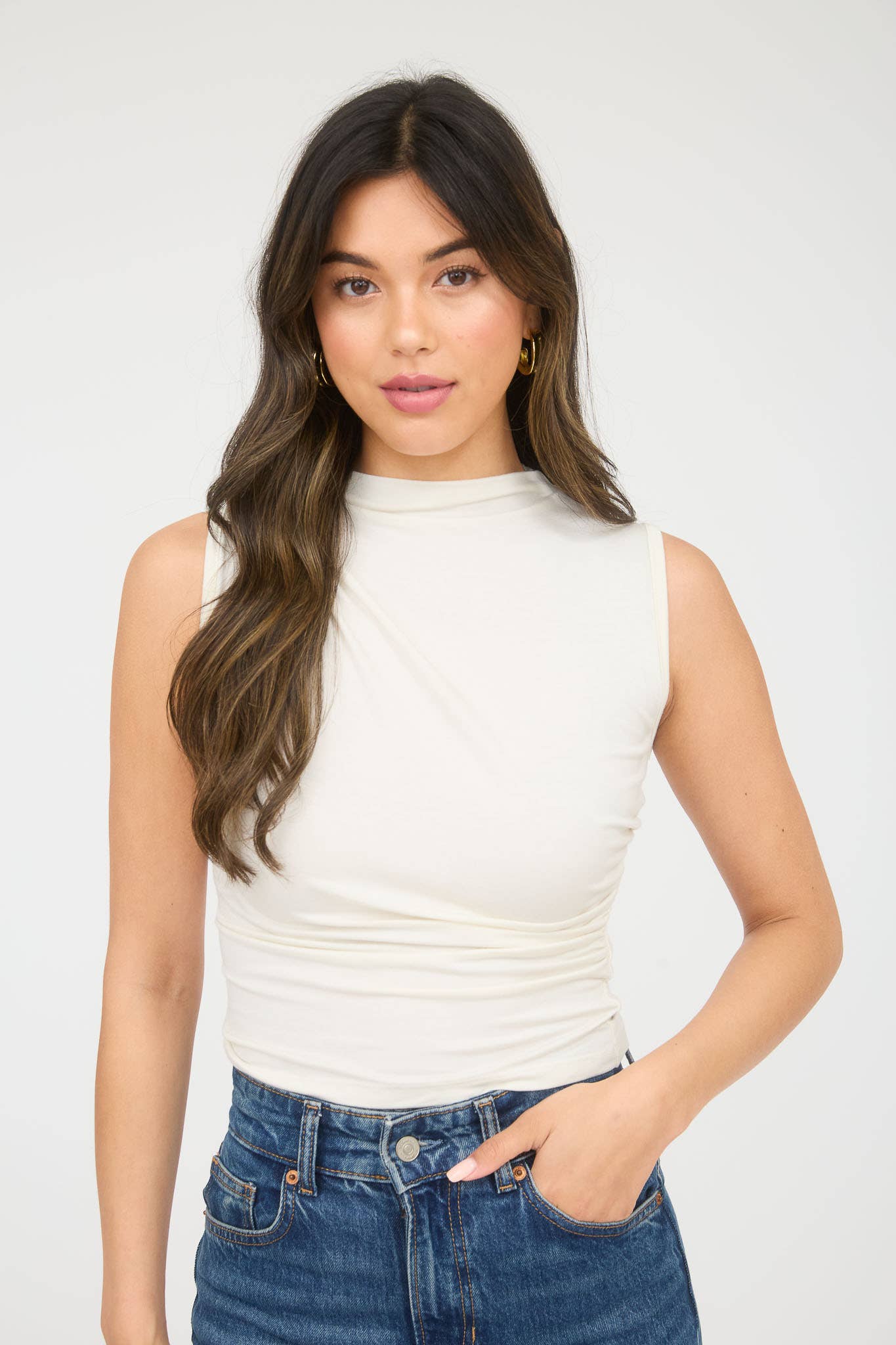 MOCK NECK RUCHED SHOULDER SLEEVELESS KNIT TOP
