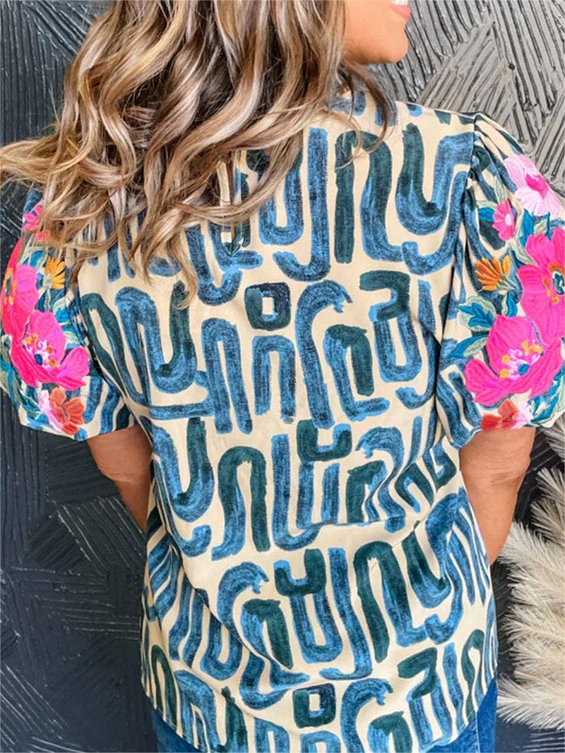 Embroidered Puff Sleeve Frilled Neck Printed Top