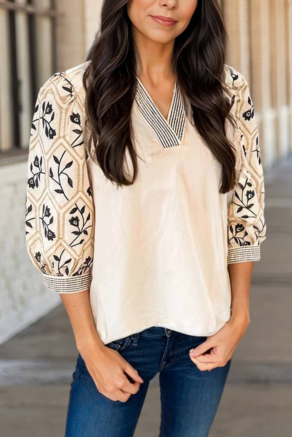 Striped V Neck Floral Print 3/4 Sleeve Blouse | S-XL