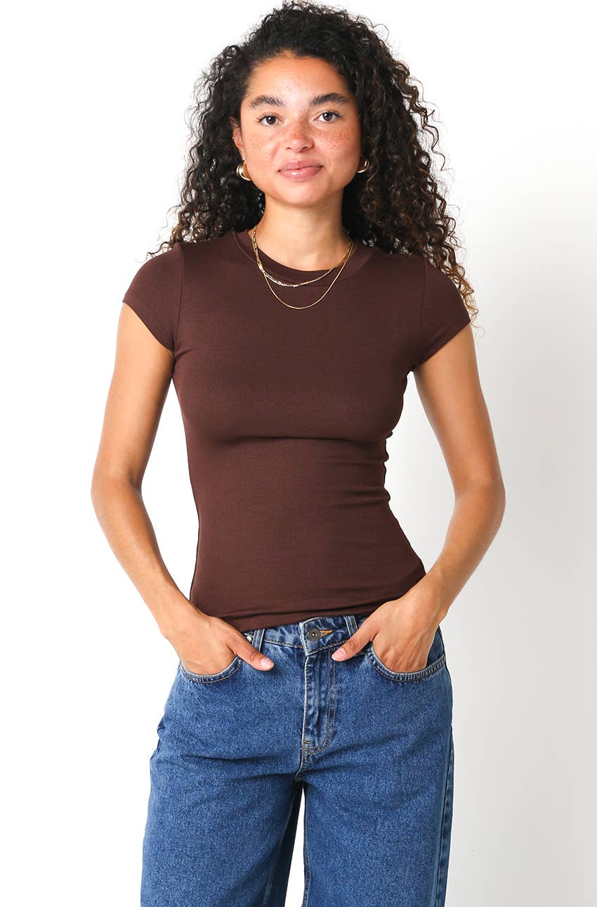 Serena Ribbed Cap Sleeve Top: Brown