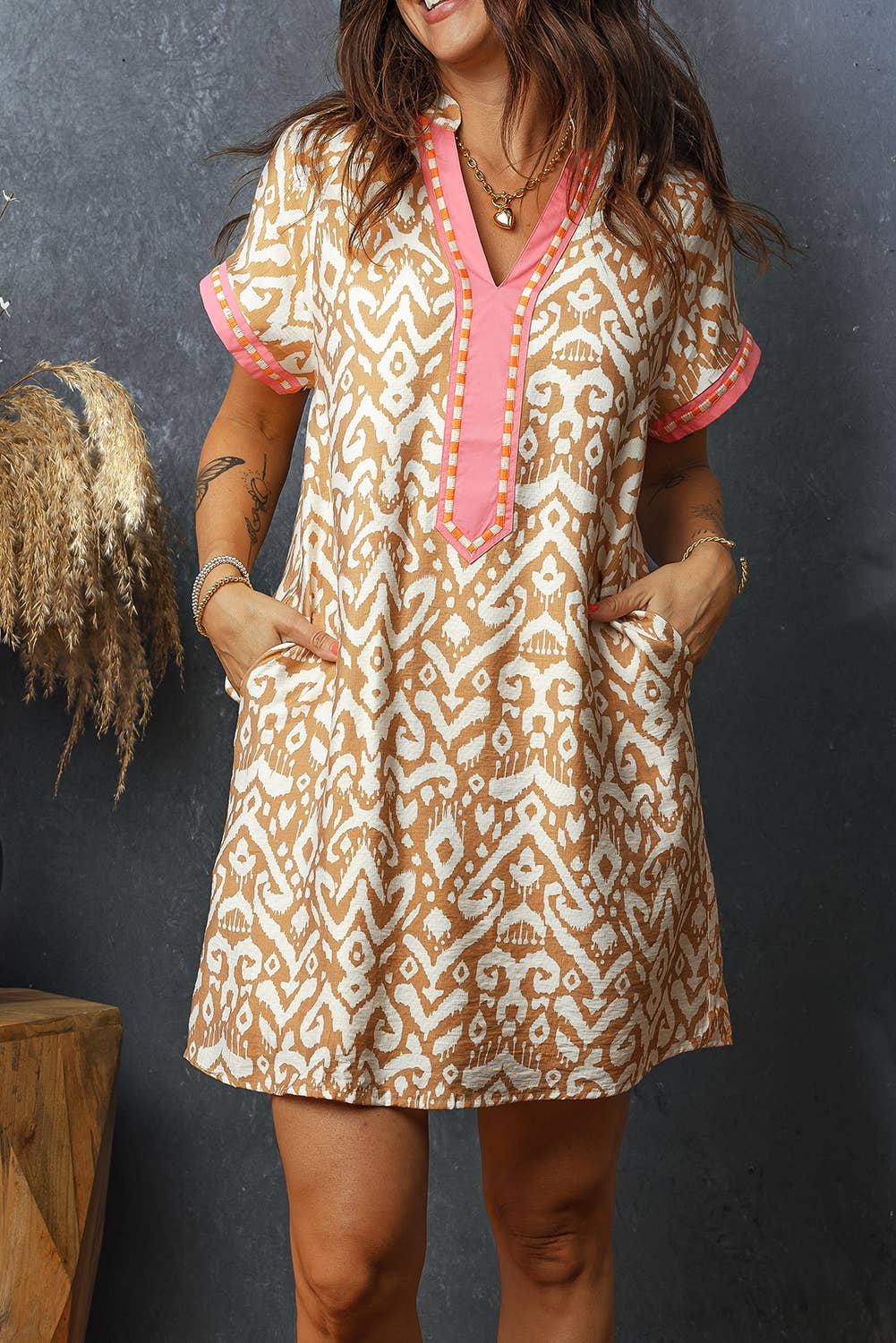 Western Print Patchwork Shift Mini Dress | S-XL