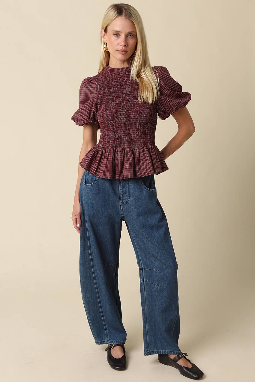 Maggie Plaid Smocked Peplum Top