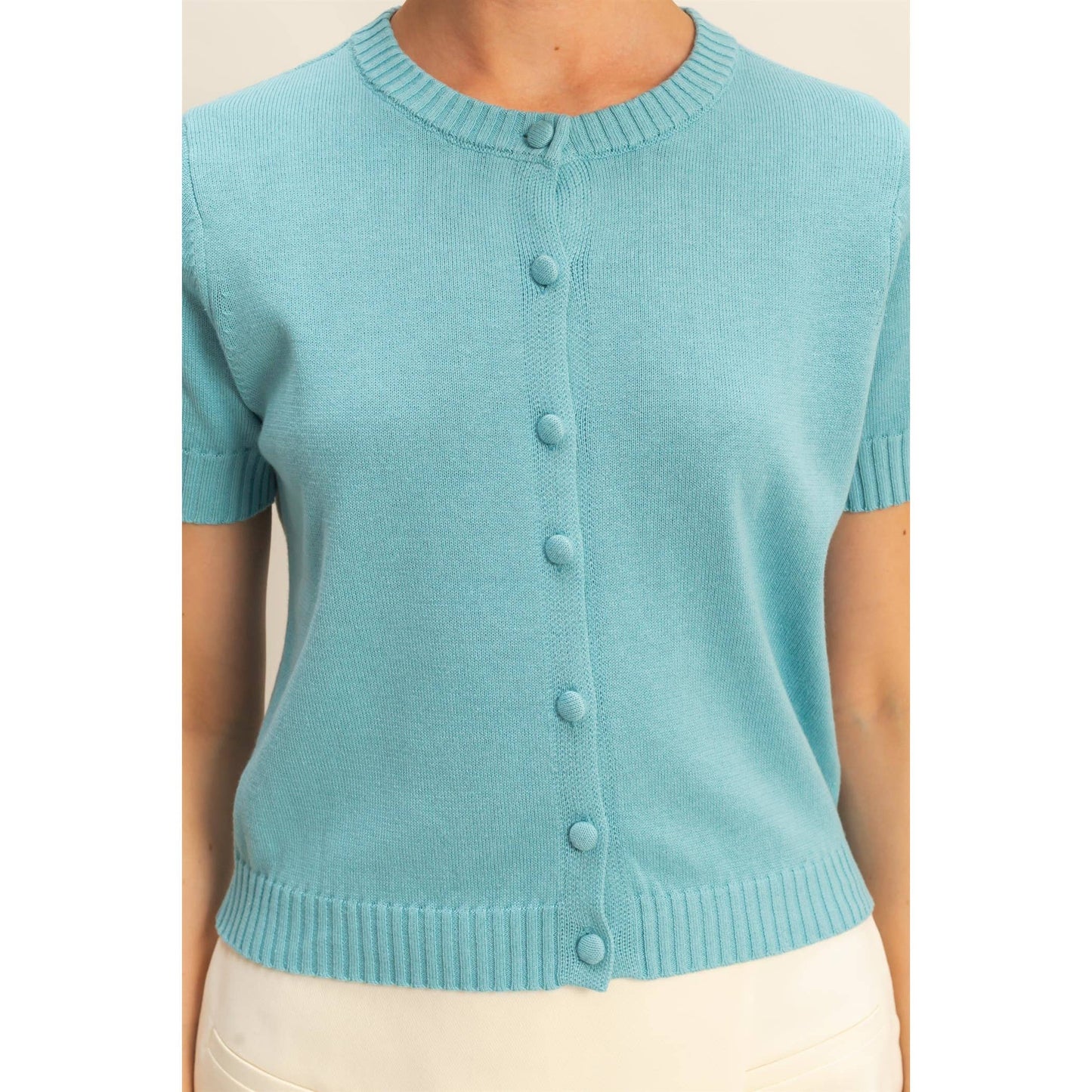 Crew Neck Short Sleeve Buttoned Cardigan Blue