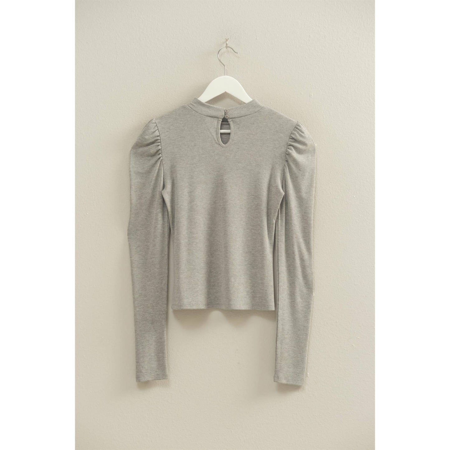 Elegant Puff-Sleeve Fitted Top With Keyhole Back Grey