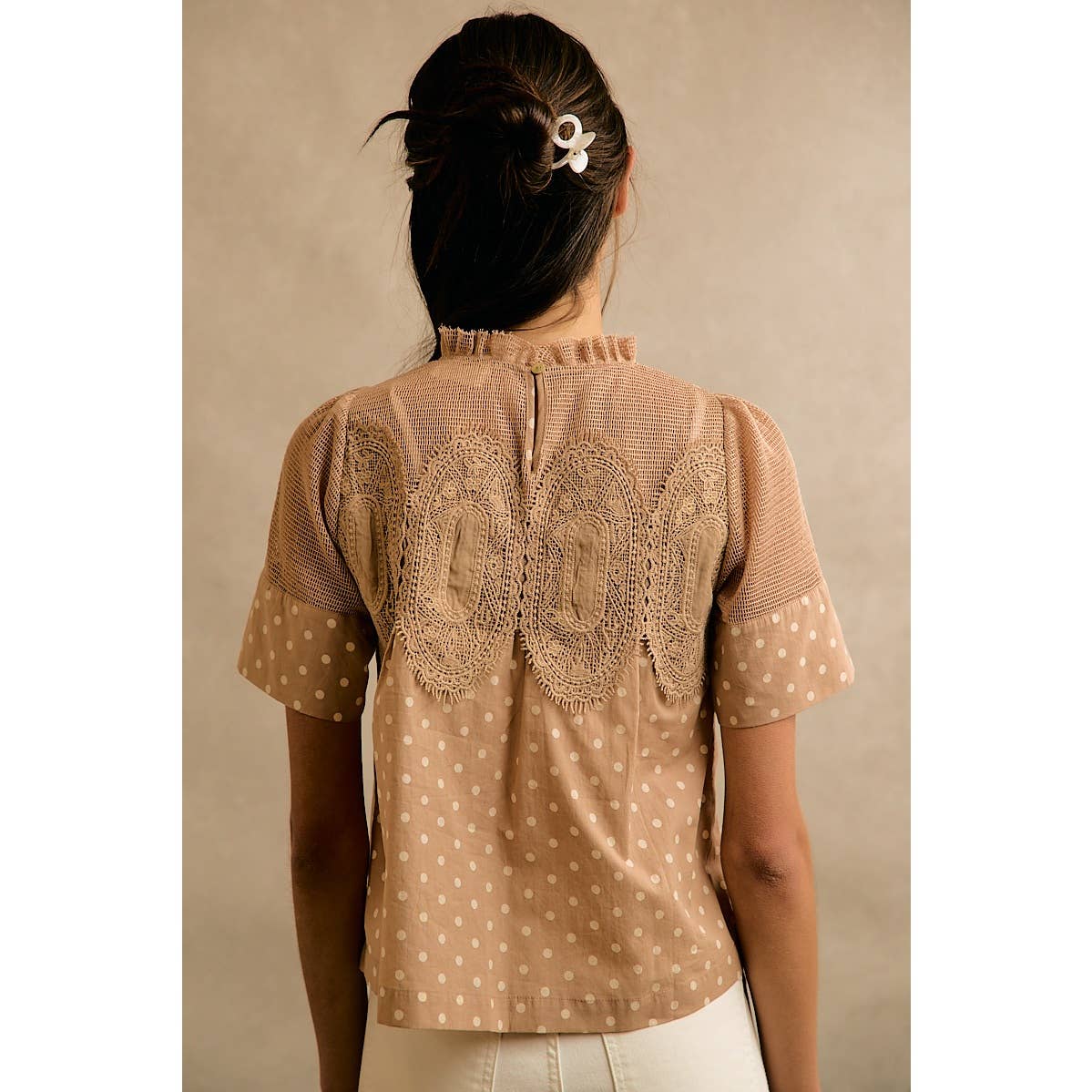 POLKA DOT PRINT LACE TRIM SHORT SLEEVES COTTON BLOUSE TOP