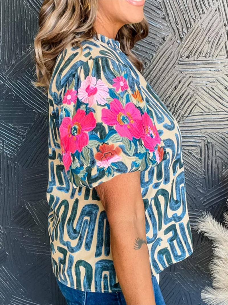 Embroidered Puff Sleeve Frilled Neck Printed Top