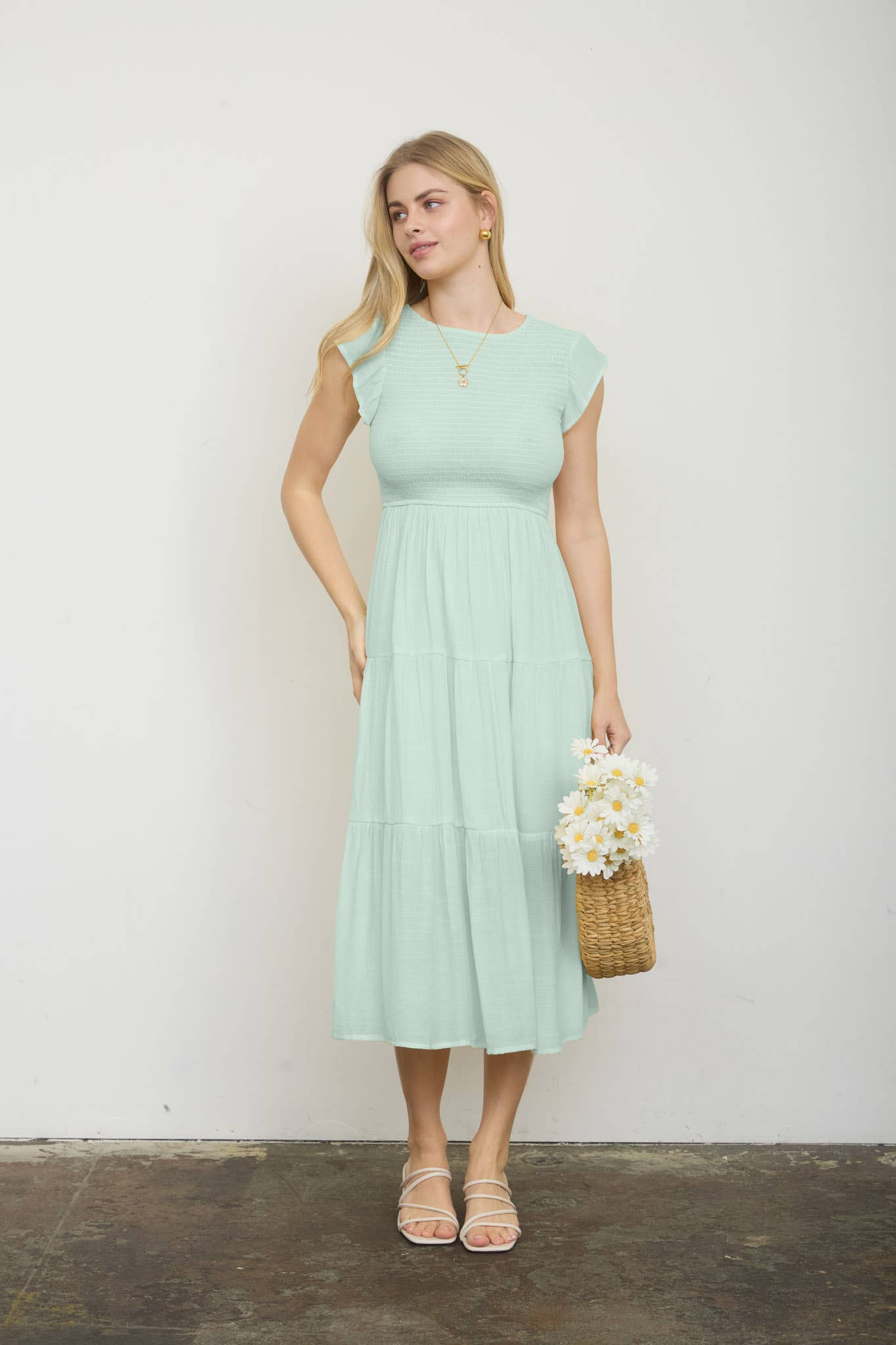 TIERED SMOCKED SHORT SLEEVE MIDI DRESS
