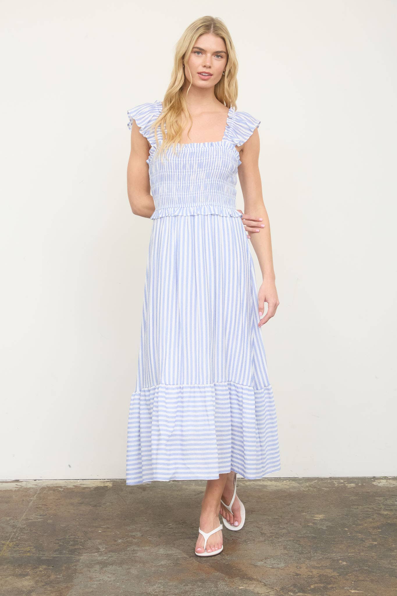 STRIPE SMOCKED RUFFLE TRIM MIDI DRESS