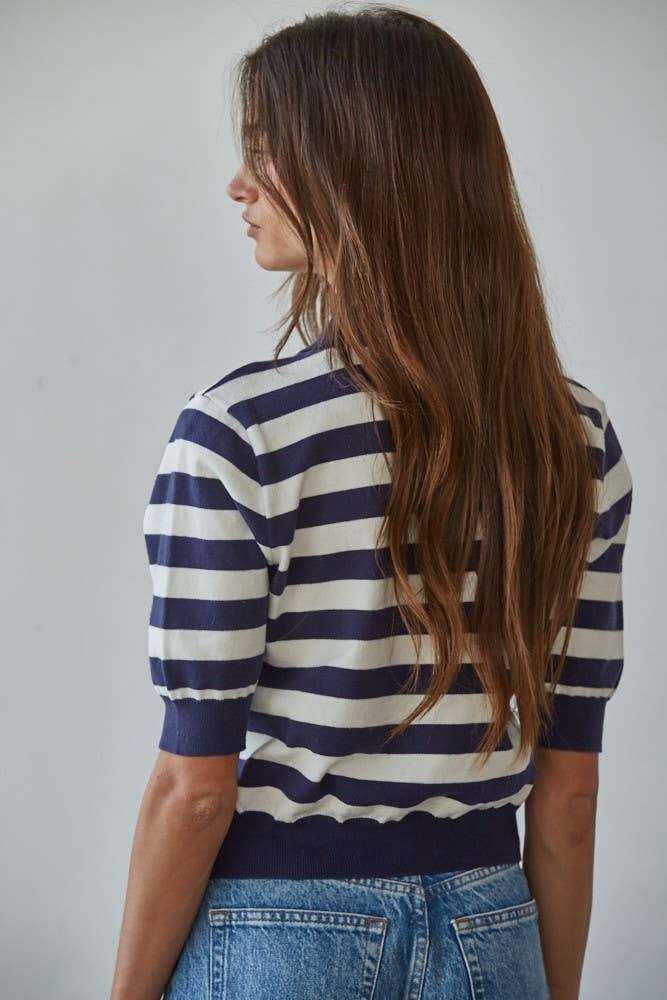 Knit Sweater Striped Half Button Up Collar Neck Top
